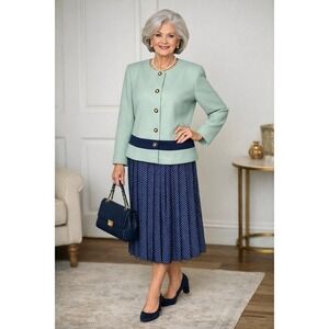 Mint Green/Navy Skirt/Dress Suit Pleated Navy Skirt with poke a dots 2 PC
